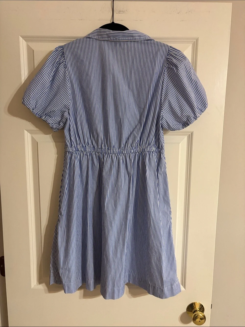 J. Crew Blue and White Striped Tie-Waist Puff-Sleeve Shirt Dress